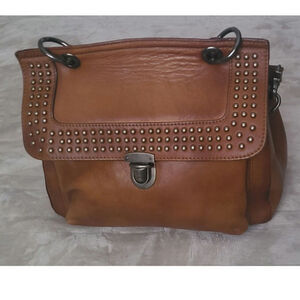 POL Brown Leather Studded Crossbody Bag with Flap Closure